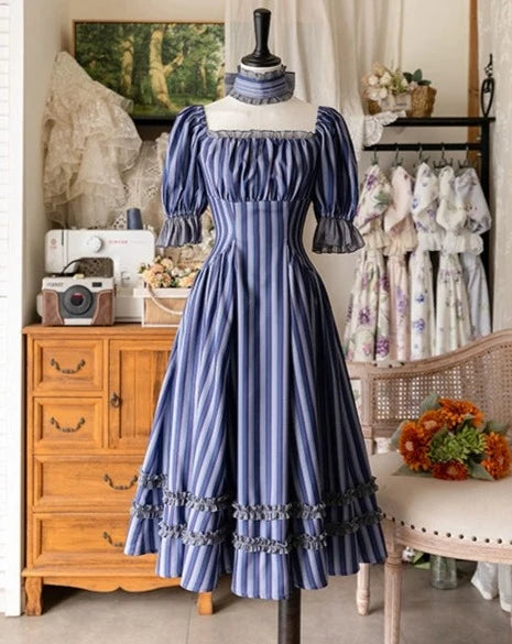 [Pre-order] Forest Basket 5.0 Classical One-piece Dress, Blue Stripes, with Choker and Hair Accessory