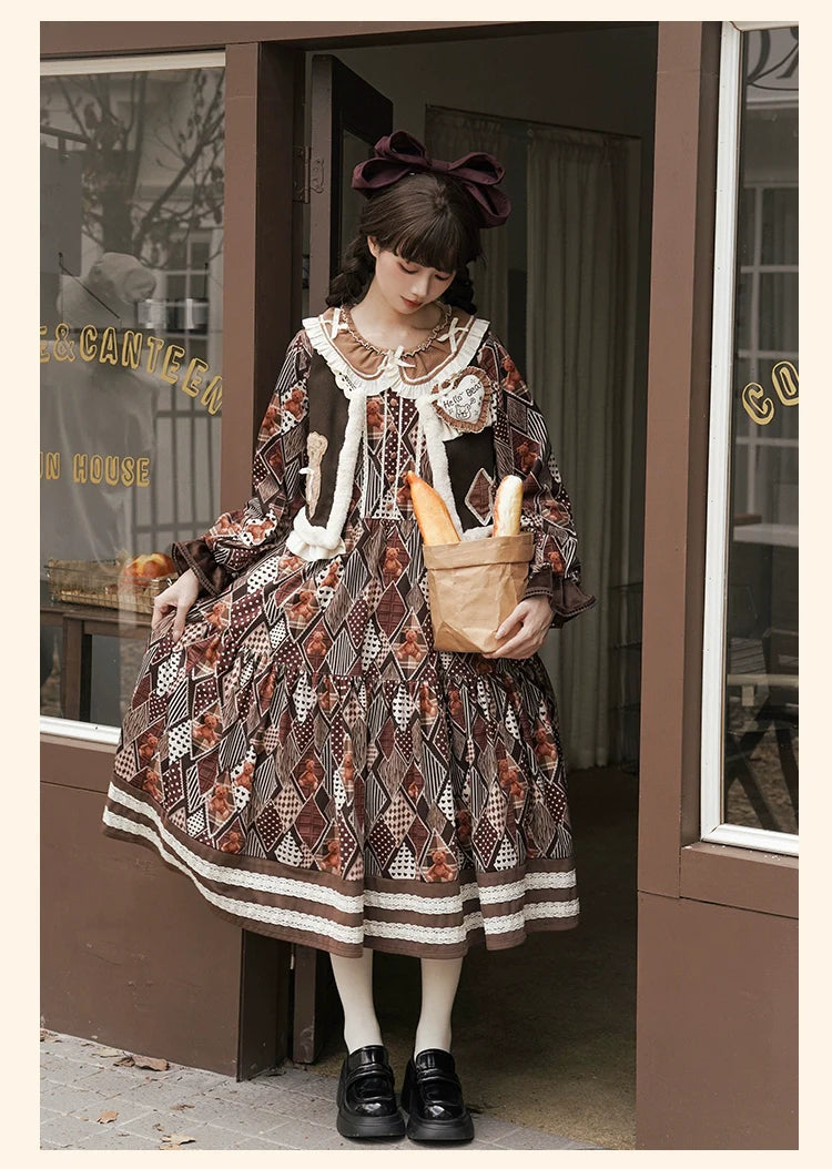 Hello Bear Diamond pattern dress and quilted vest