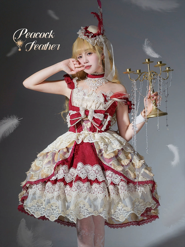 【受注予約6/18まで】Peacock Feather ミニドレス・レッド