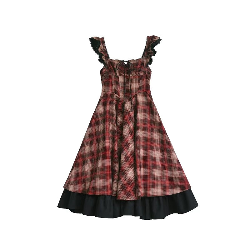 Red checked bicolor jumper skirt and black blouse