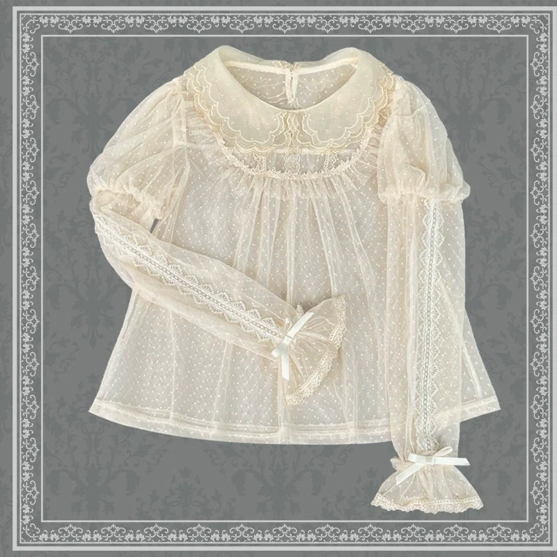 [Pre-order] Sheer dot frill blouse, short sleeves and long sleeves