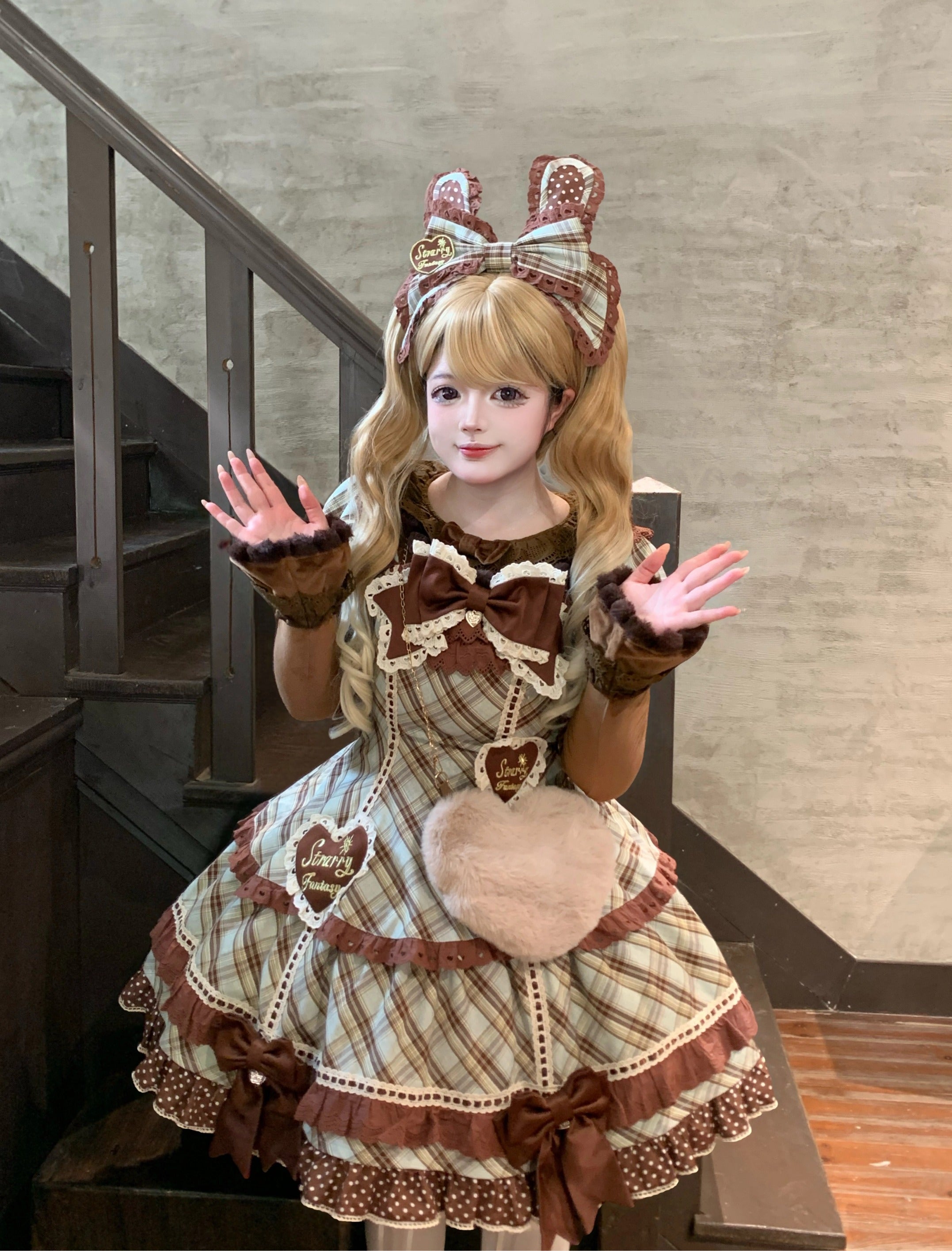 【受注予約11/13まで】Velvet Sweetie Heart チェックの半袖ワンピース・ブラウン