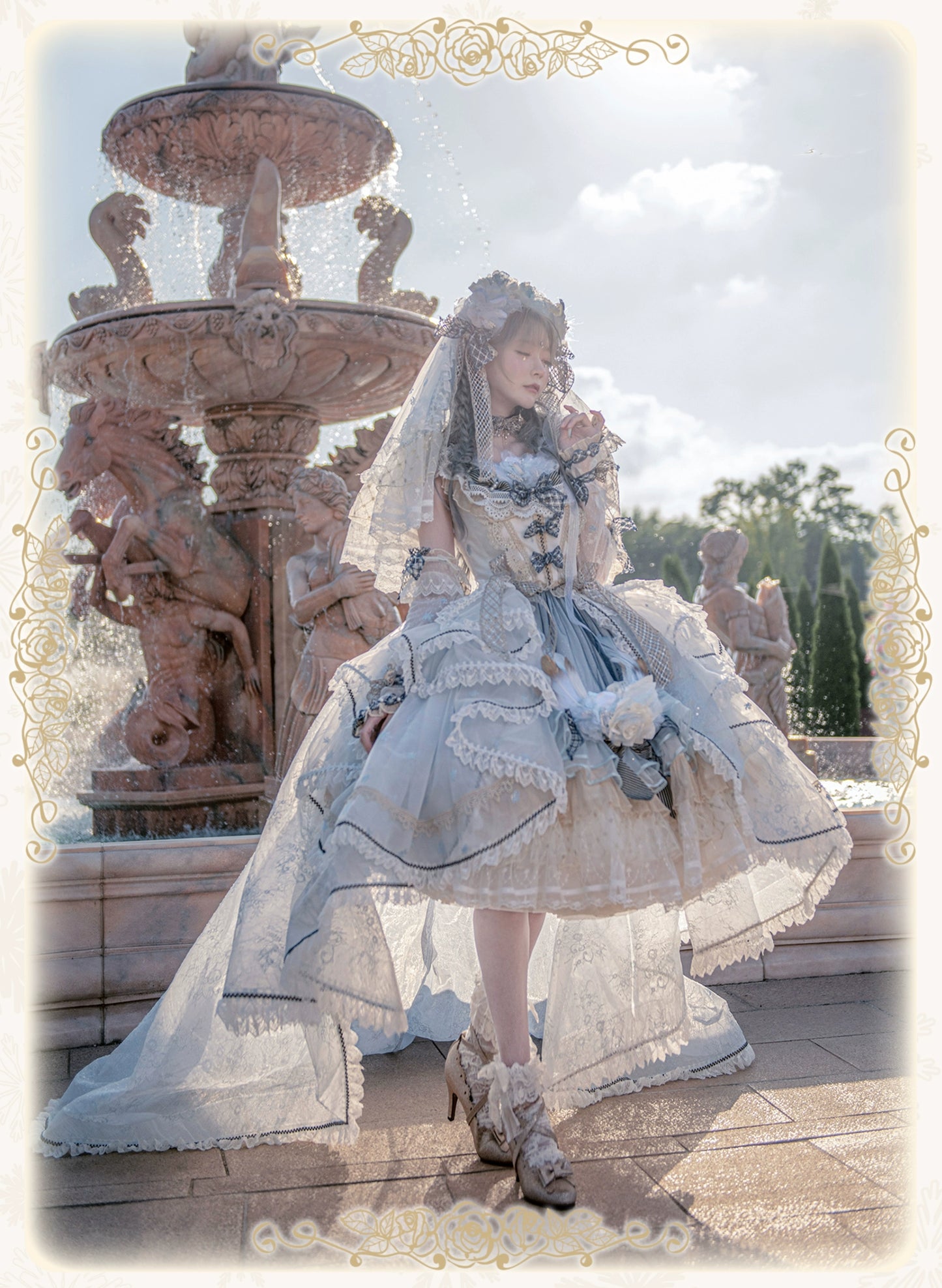 【受注予約8/13まで】Snow Rose Princess トレーン付きドレス・パステルブルー