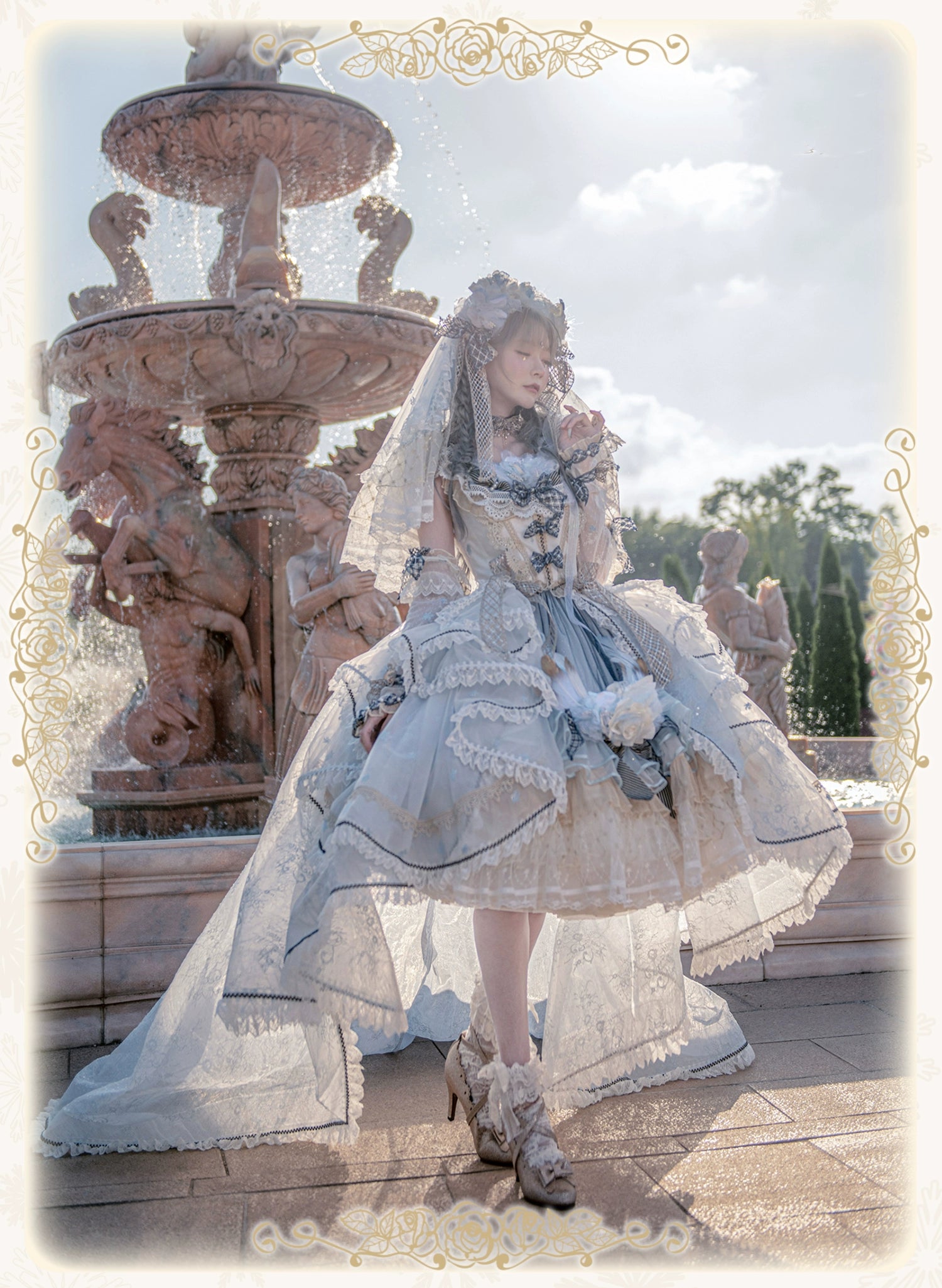 【受注予約8/13まで】Snow Rose Princess トレーン付きドレス・パステルブルー