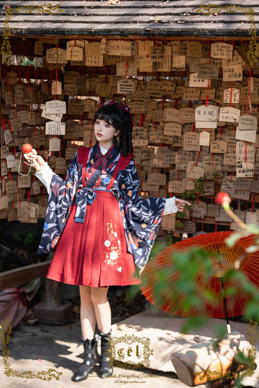 手毬刺繍の袴風サスペンダースカート