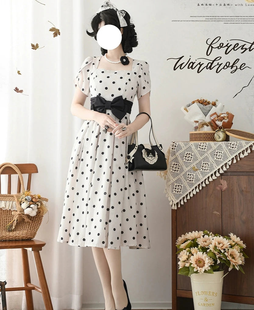 Afternoon Forest Retro Elegant Ribbon Dress with Hair Accessory