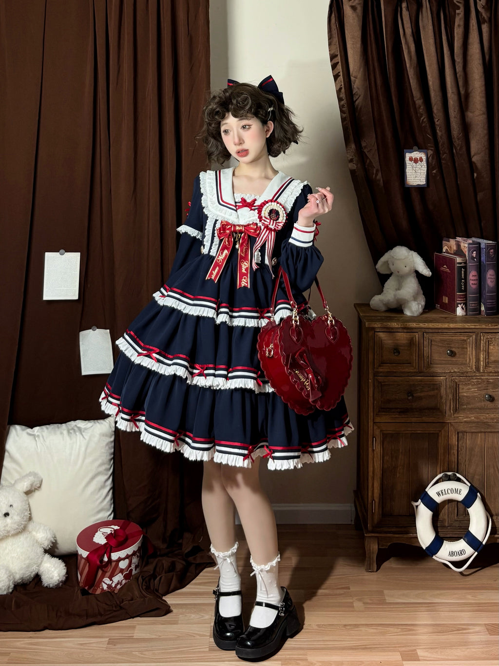 【受注予約4/28まで】セーラー襟と3段フリルの2wayマリンワンピース・ネイビー・ミドル丈
