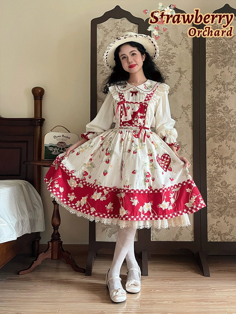 Strawberry Orchard 苺の刺繍長袖ブラウス