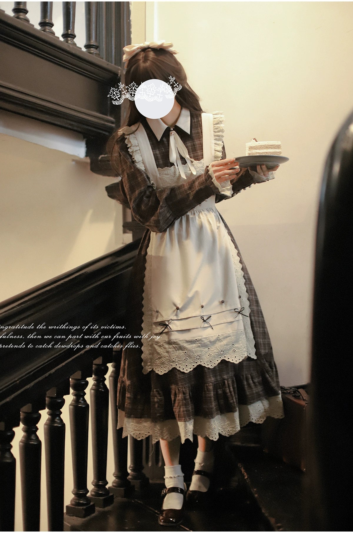 [Pre-order] Brown check retro dress with apron