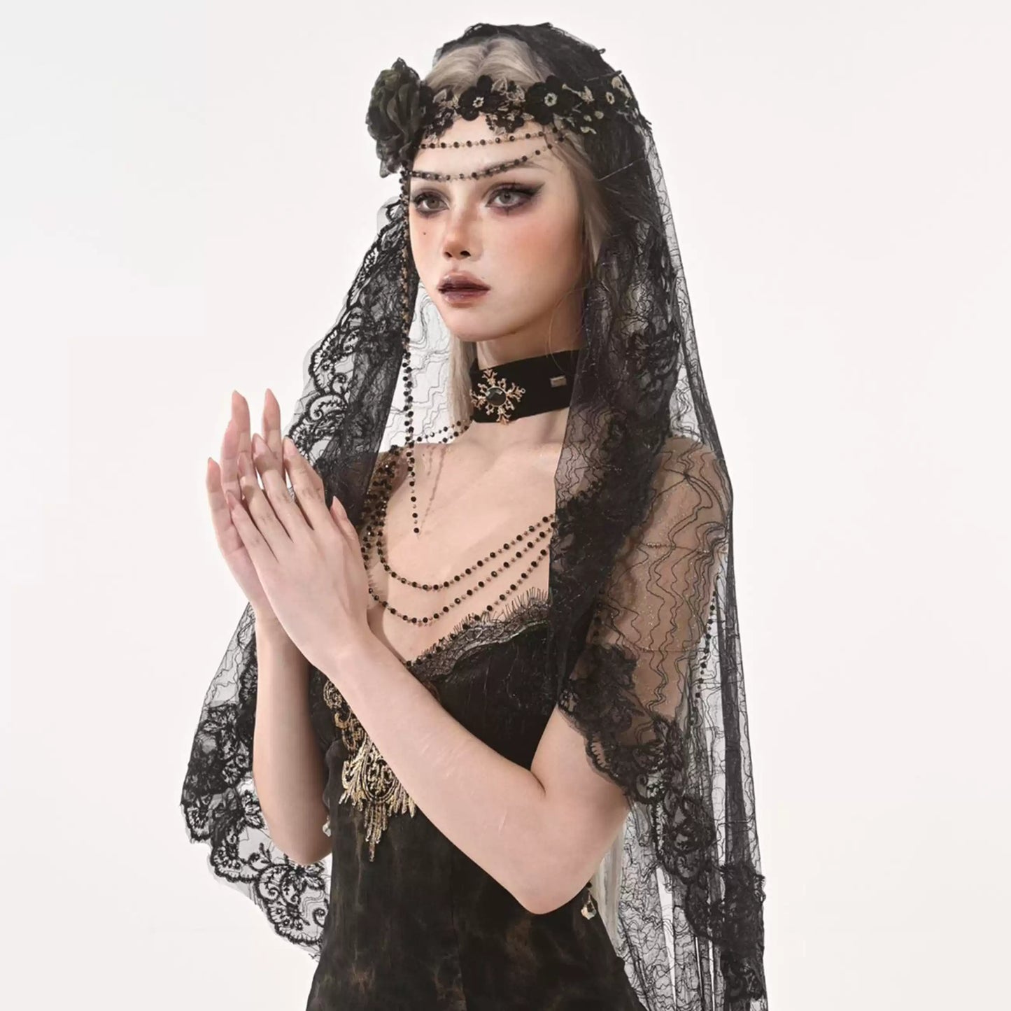 【DarkGothic】レース×チュール ファブリックフラワーベール | ダークゴシック