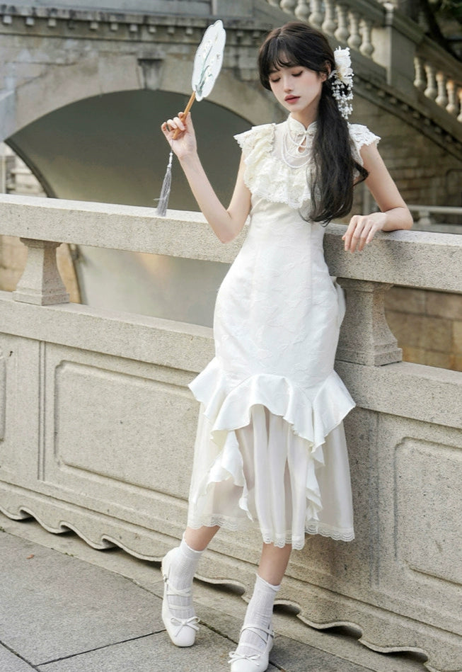 白百合色のフィッシュテール華ロリドレス