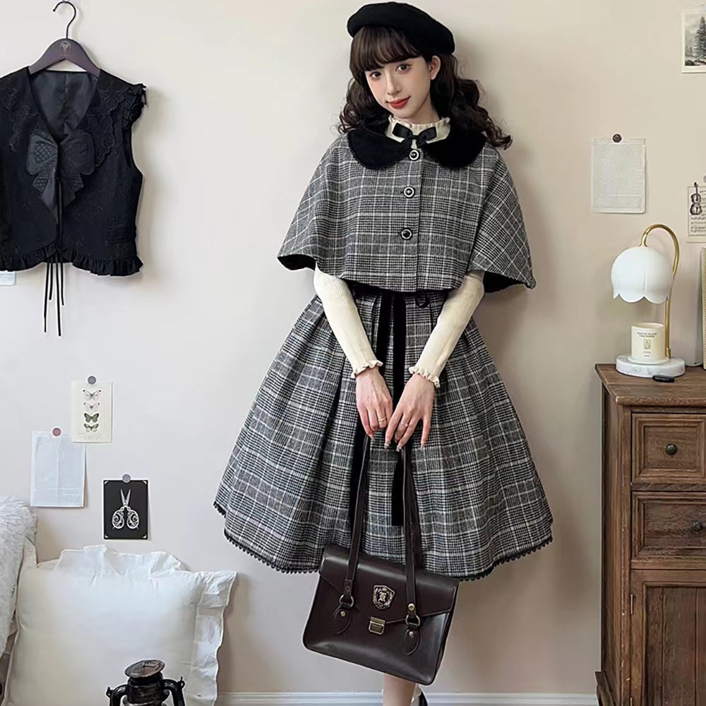 【予約販売】Earl Gray チェックのジャンパースカート・マント・ベレー帽セット