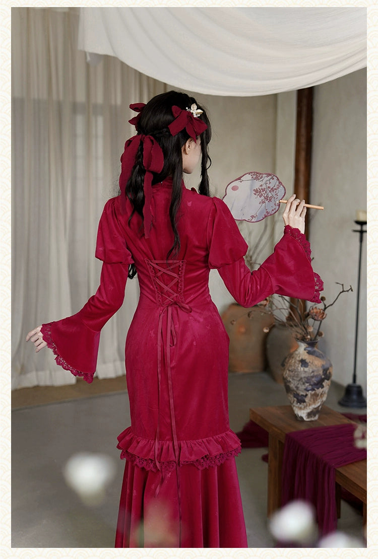 紅蝶 バタフライ刺繍のチャイナ風ドレス