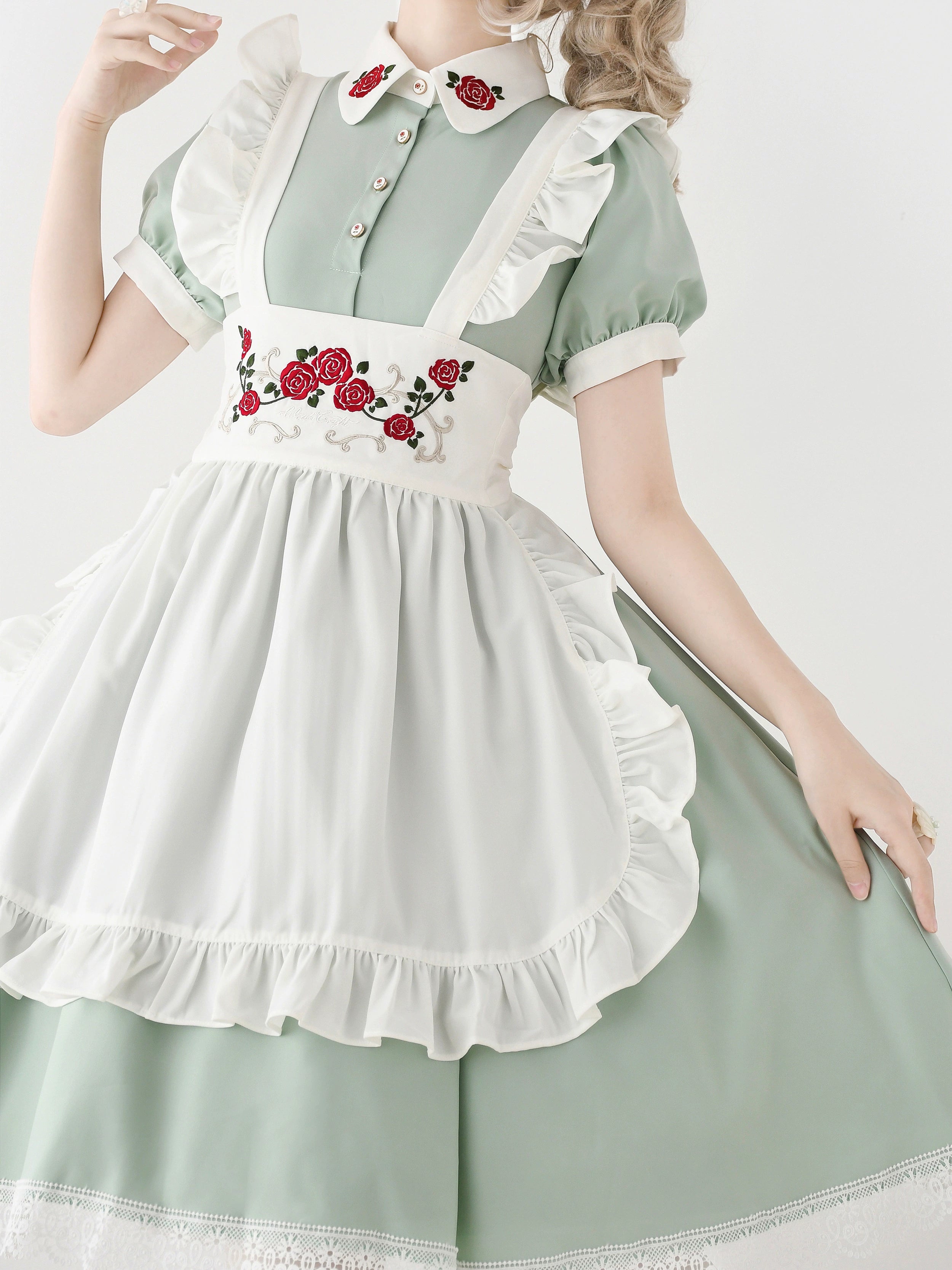 New color of maid-style dress with red rose embroidery and apron