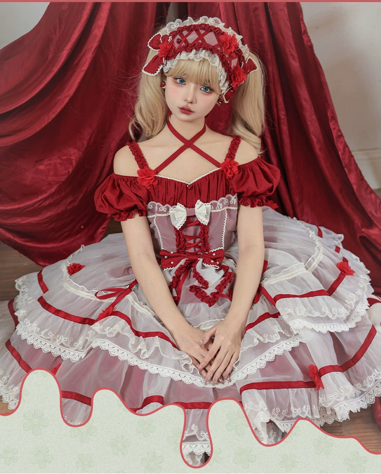 Ribbon embroidered lace dress and head dress available in 8 colors