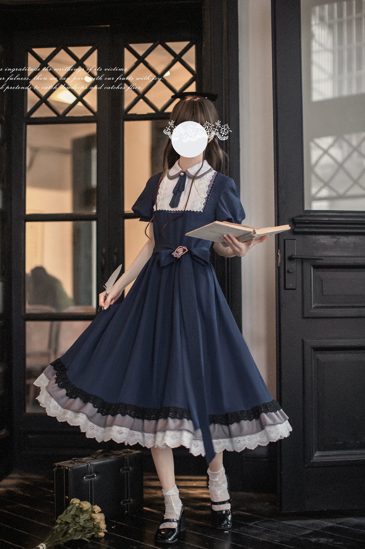 【予約販売】Phyllis ネイビーチェックのエレガントレトロ半袖ワンピース