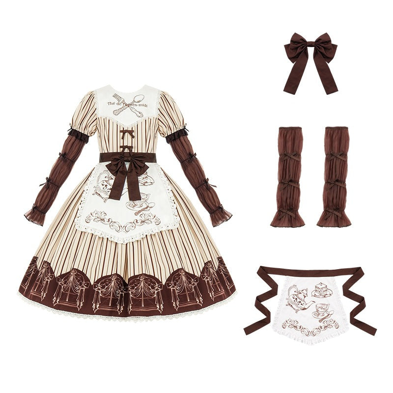 Afternoon tea striped short sleeve dress with arm sleeves and apron