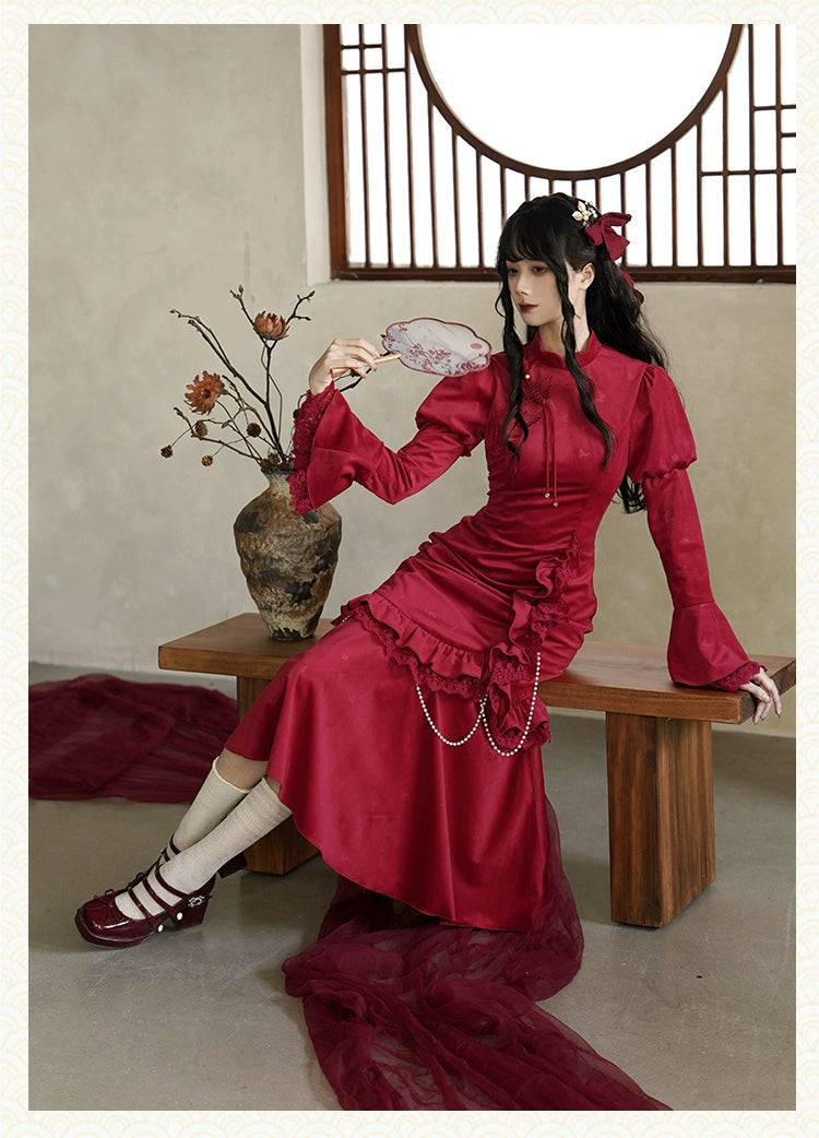 紅蝶 バタフライ刺繍のチャイナ風ドレス