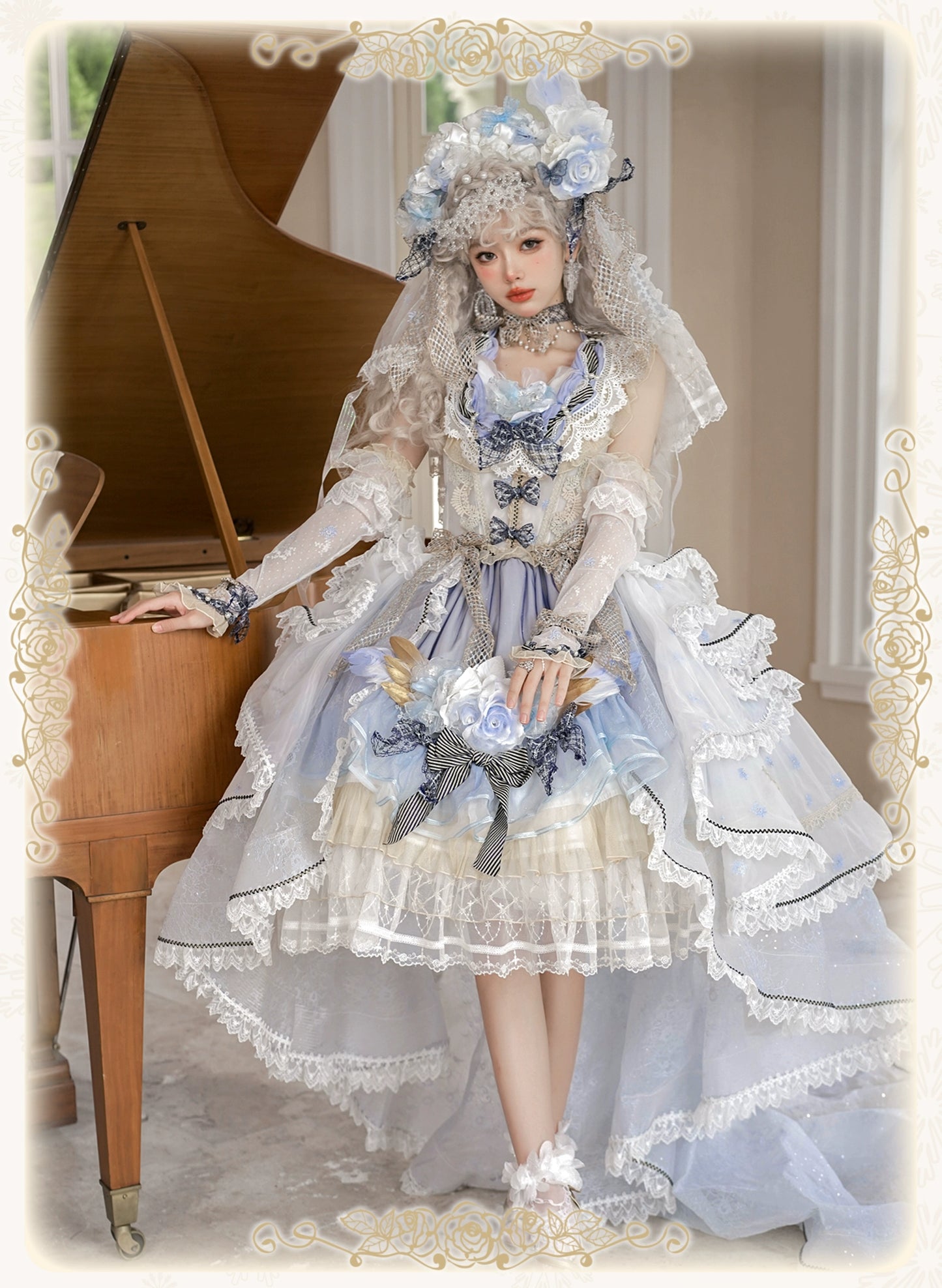 【受注予約8/13まで】Snow Rose Princess トレーン付きドレス・パステルブルー