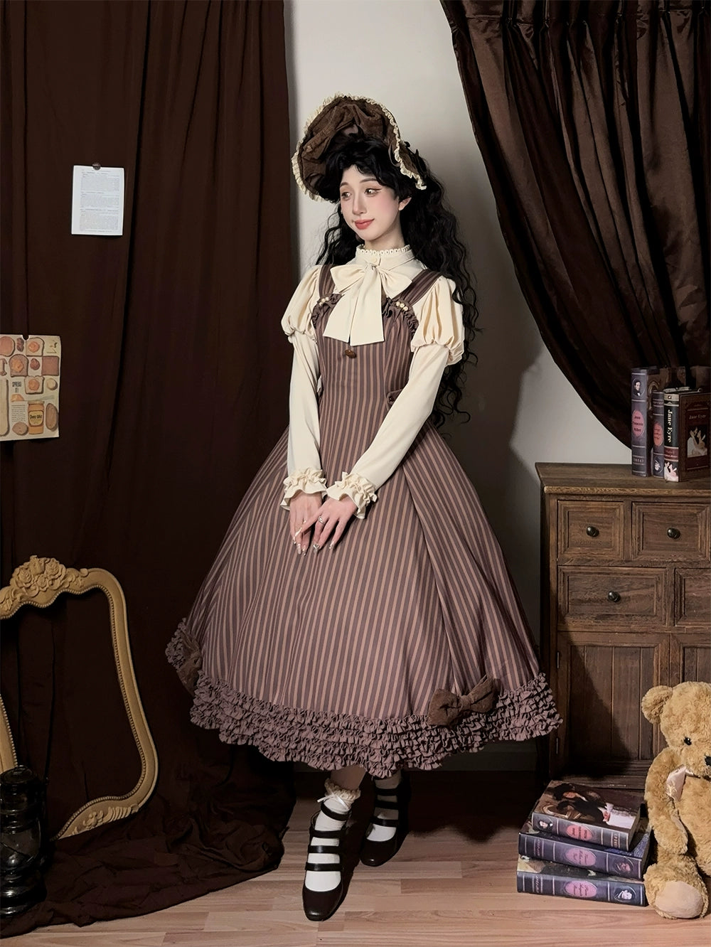 【予約販売】Classic Chocolat Stripe ストライプジャンパースカート・ロング丈