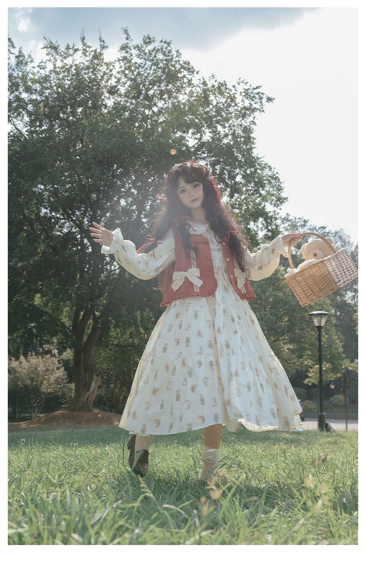 Retro Bear Red Vest and Candy Sleeve Dress