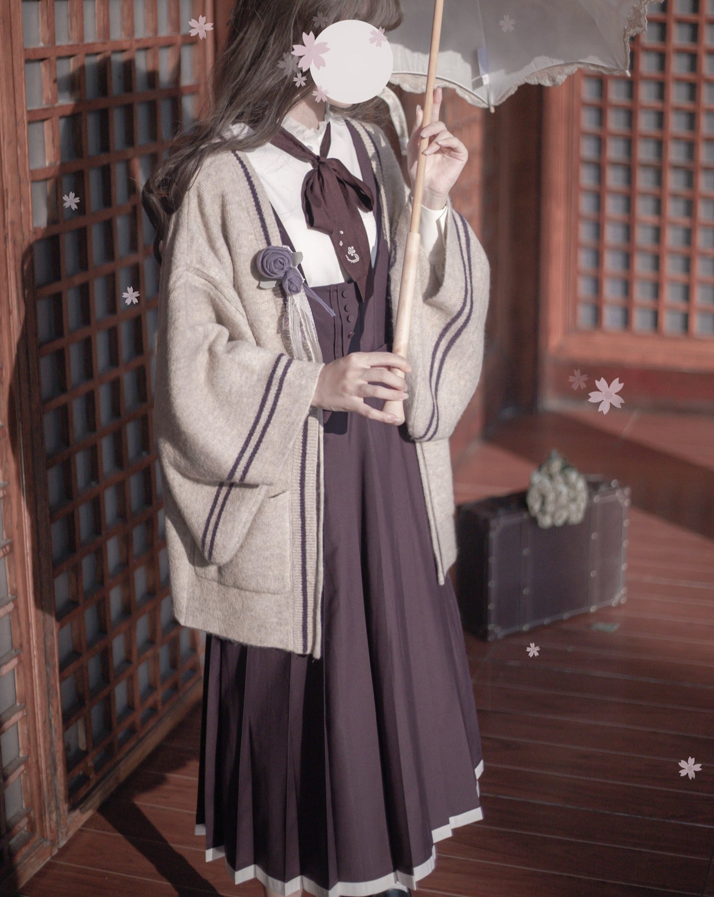 Japanese-style deep purple jumper skirt and blouse, haori, ribbon tie, corsage only