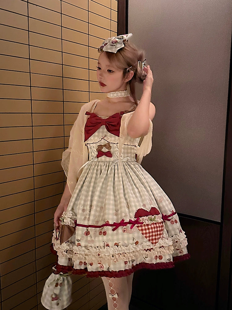 Cherry and Heart Gingham Check Jumper Skirt