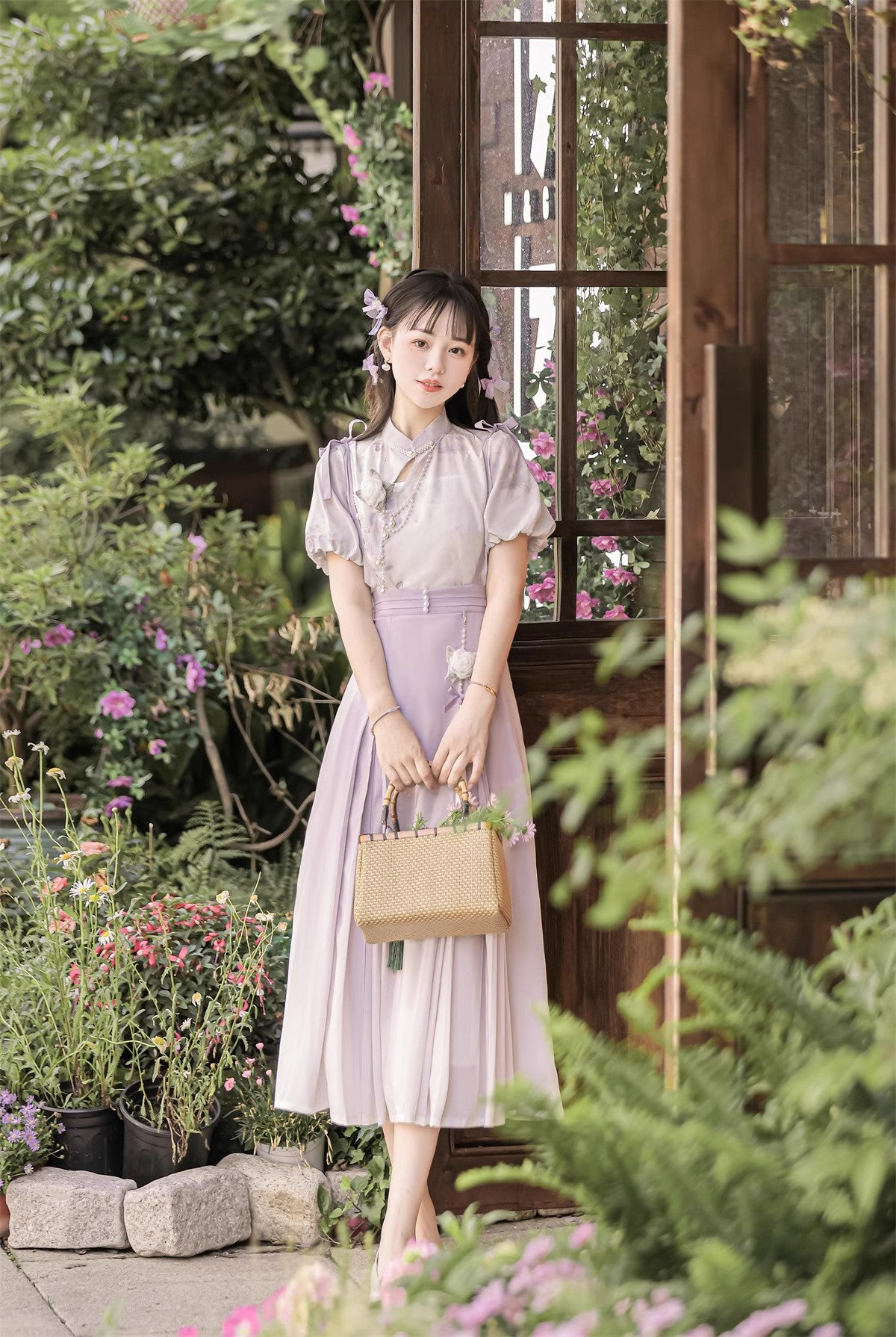 Pearl and Iris Flower Lolita Suspender Skirt and Sheer Blouse