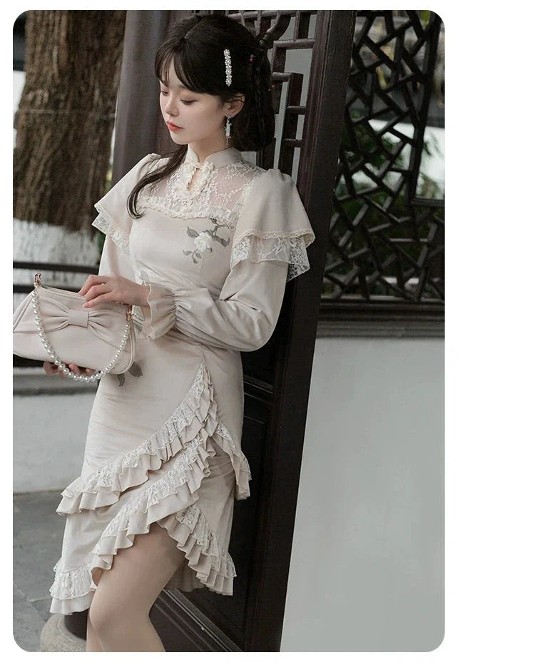 White camellia Chinese dress style one-piece