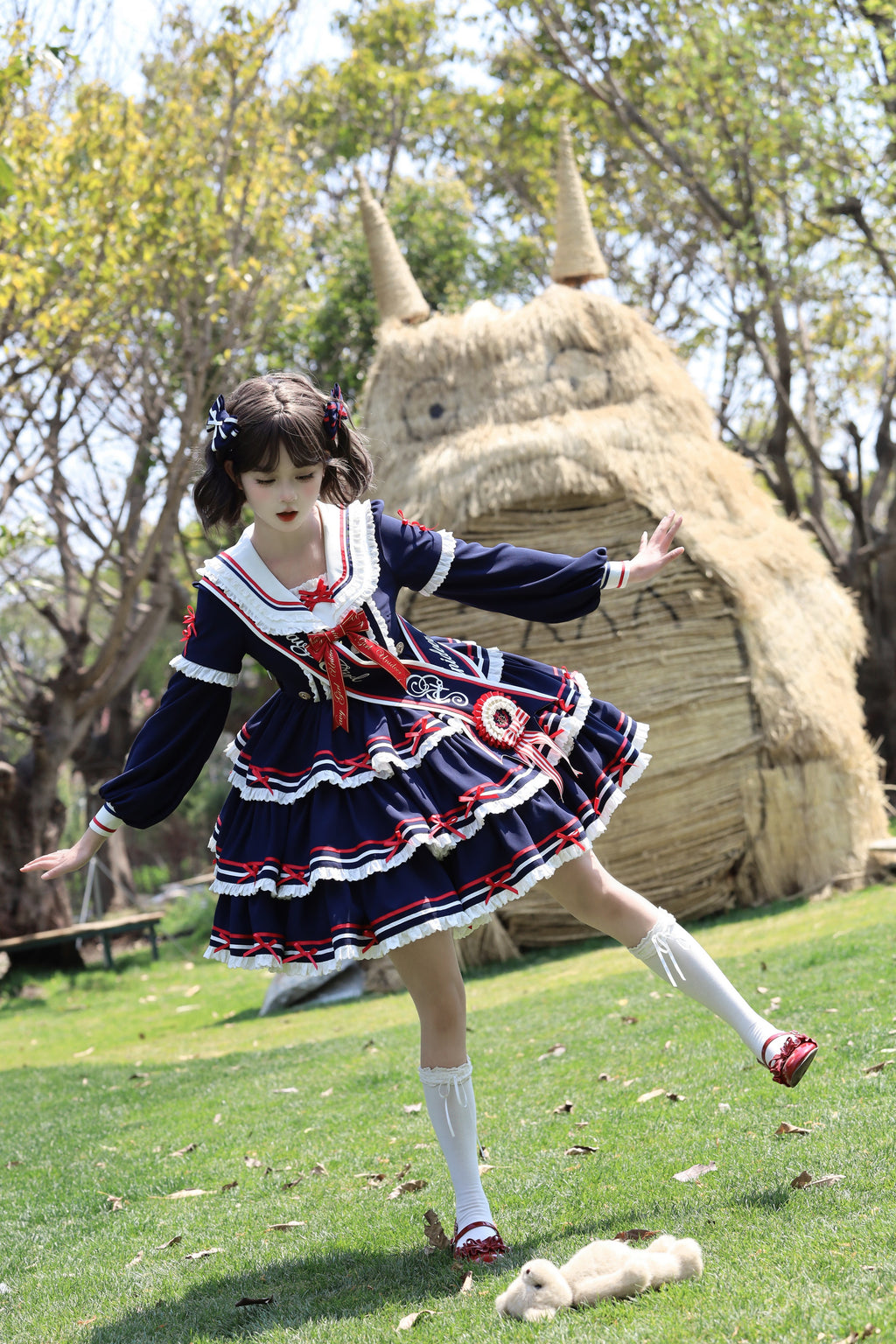 【受注予約4/28まで】セーラー襟と3段フリルの2wayマリンワンピース・ネイビー・ショート丈
