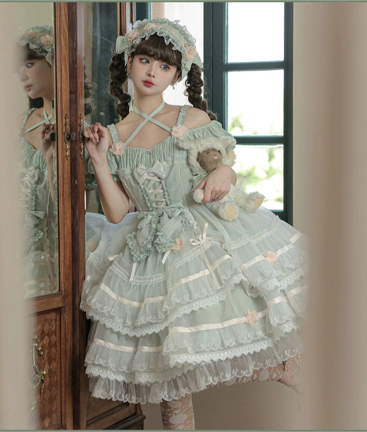 Ribbon embroidered lace dress and head dress available in 8 colors