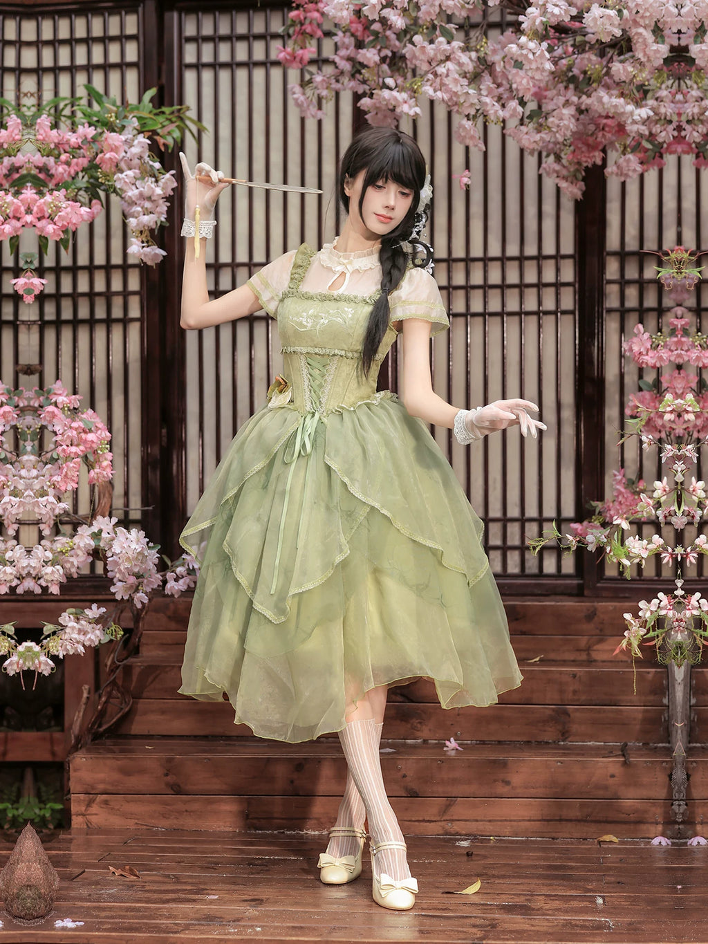 馨香 花びらティアード中華風ロリータワンピース