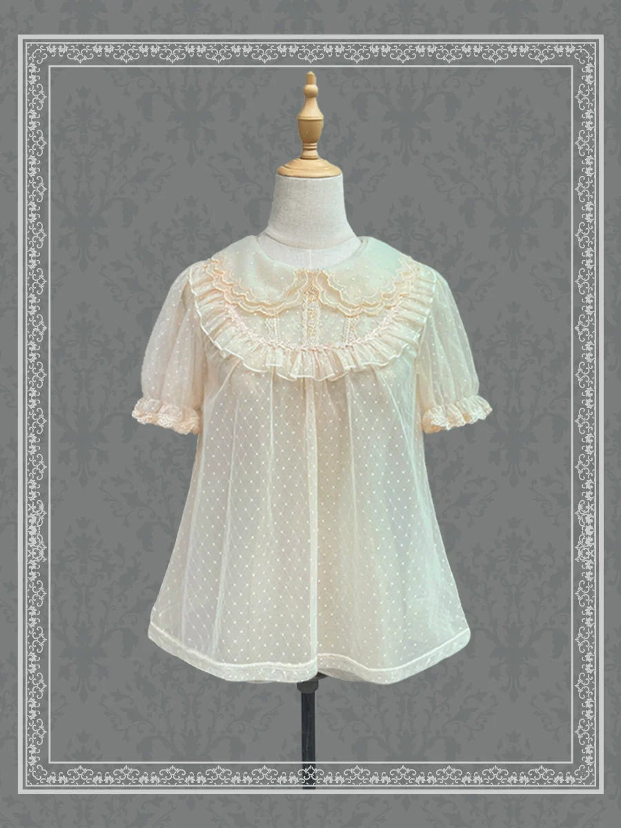 [Pre-order] Sheer dot frill blouse, short sleeves and long sleeves