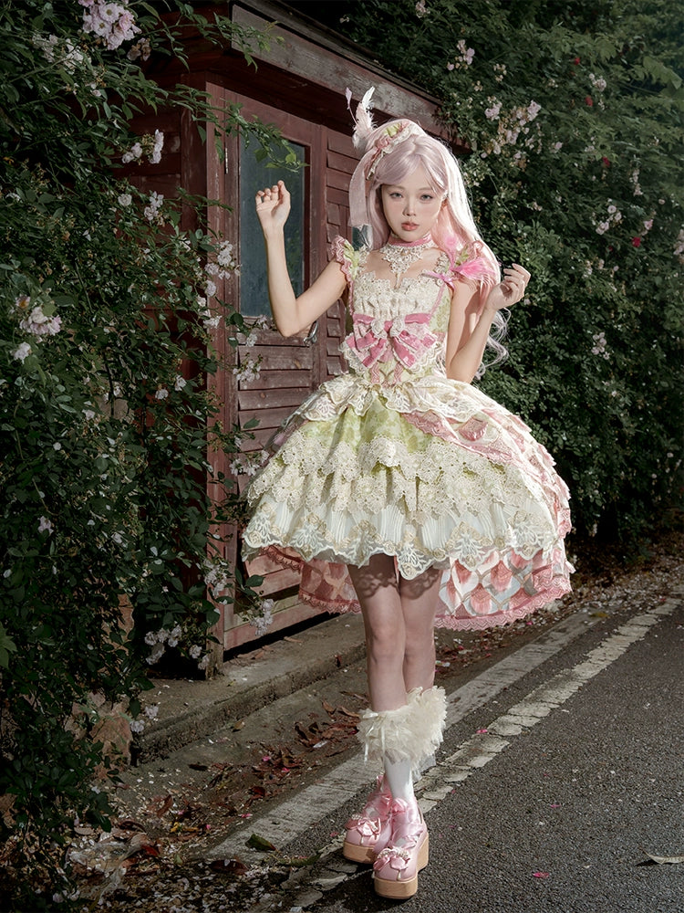 【受注予約6/18まで】Peacock Feather ミニドレス・ピンク×グリーン