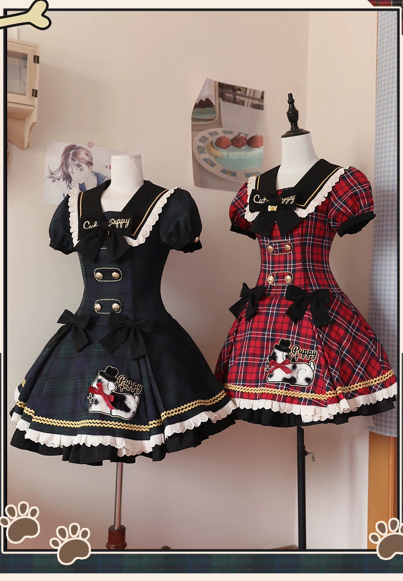 【受注予約6/18まで】Cute Puppy チェックのミニ丈ワンピース