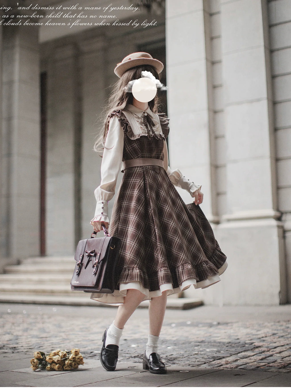 Tartan plaid pattern switching dress with ribbon tie
