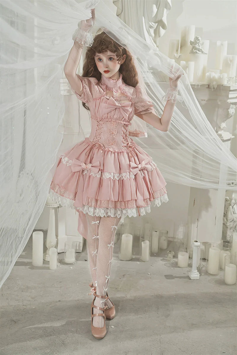Baby Pink クロスリボンのコルセット風半袖ワンピース