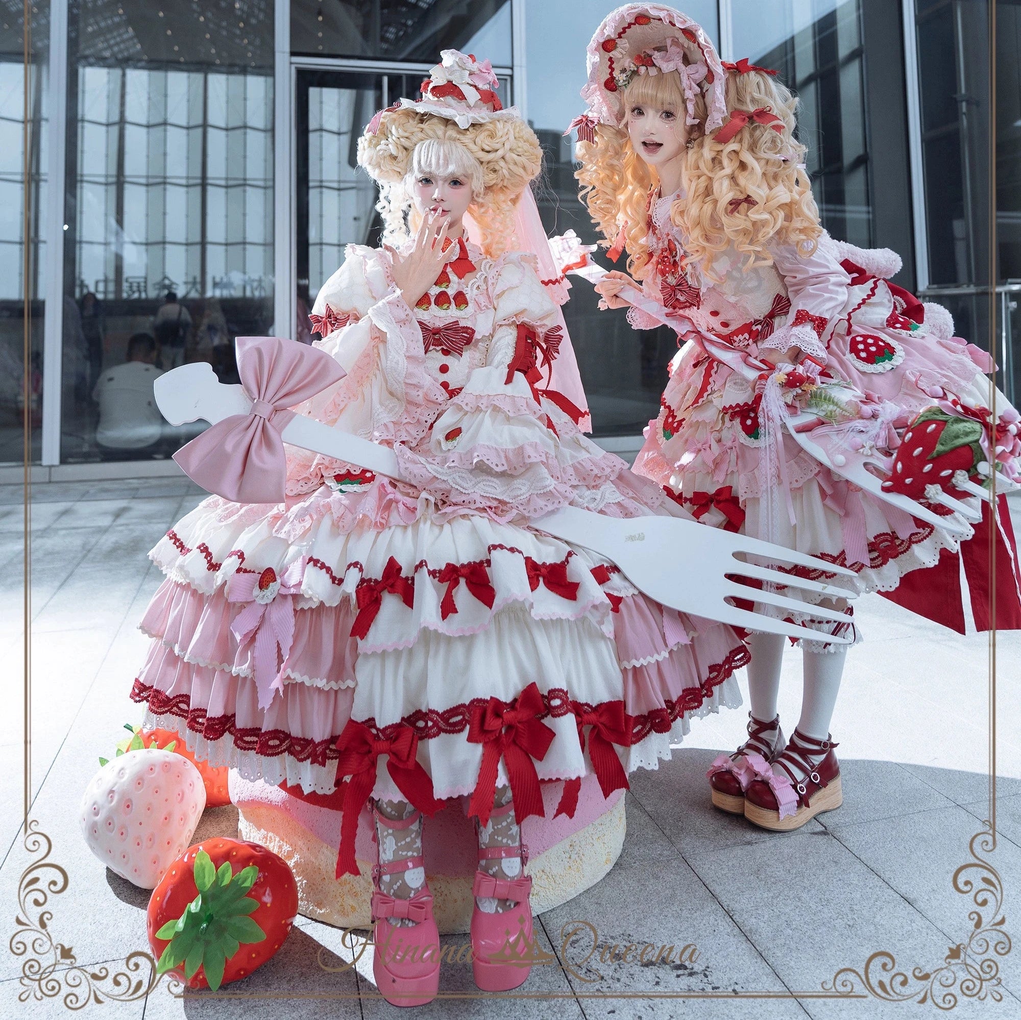 Strawberry Party リボンとフリルのデコレーションドレス・姫袖タイプ