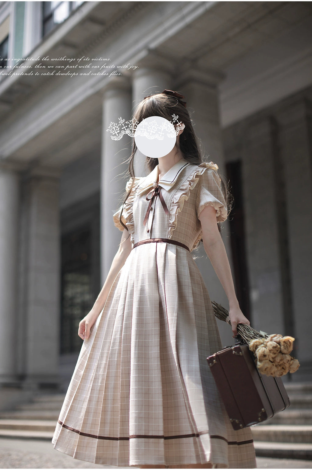 Betty フレンチレトロベージュチェック半袖ワンピース