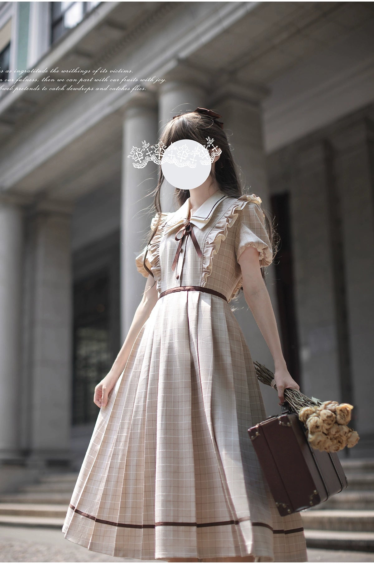 Betty フレンチレトロベージュチェック半袖ワンピース
