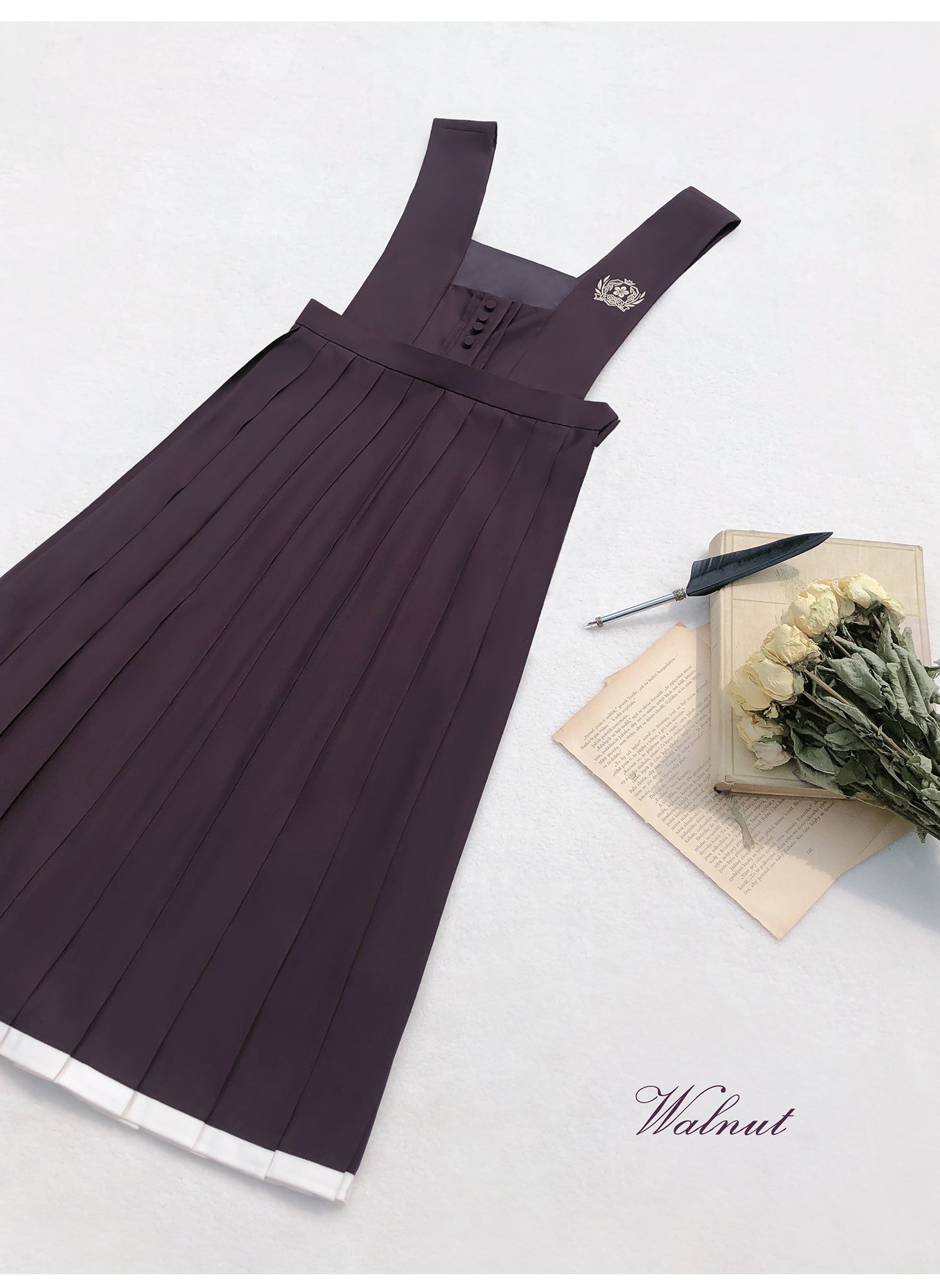 Japanese-style deep purple jumper skirt and blouse, haori, ribbon tie, corsage only
