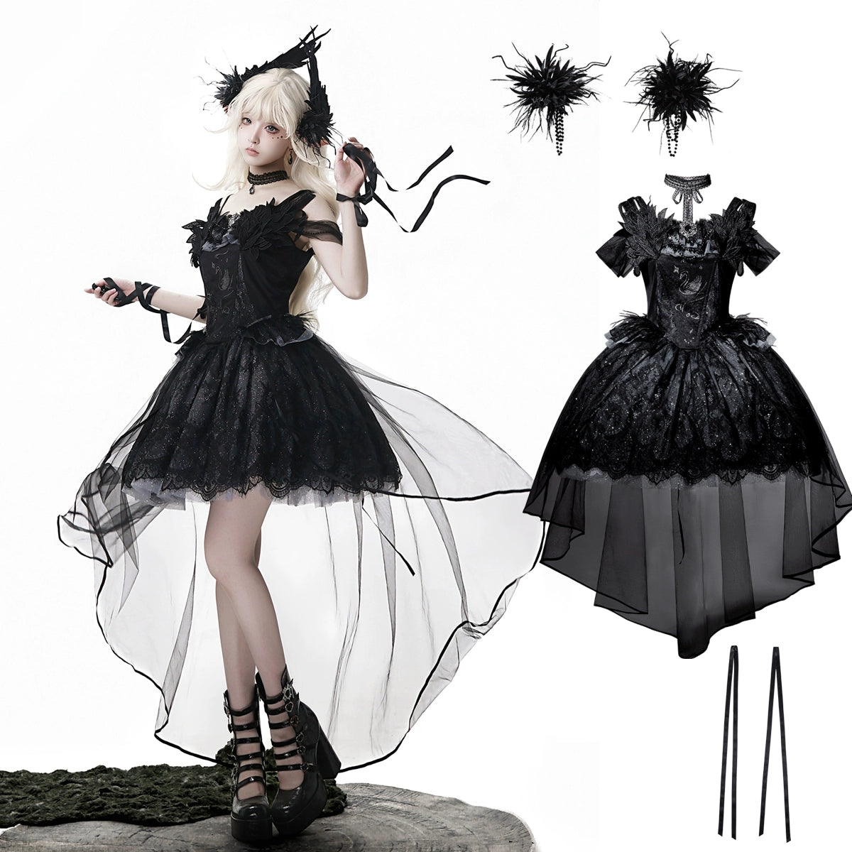 Black Feather 白鳥刺繍ジャンパースカートセット