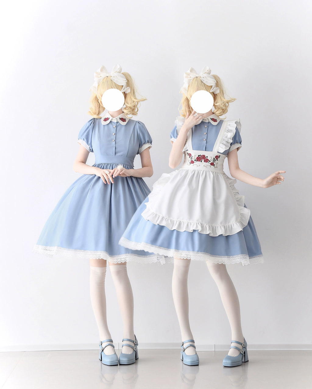 Maid-style dress with red rose embroidery and apron