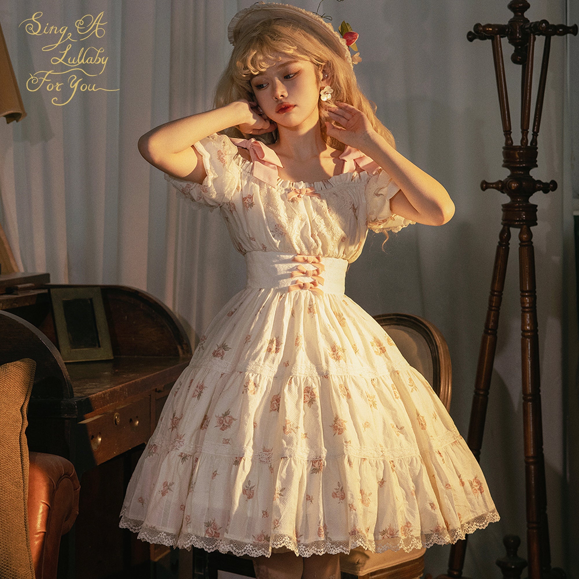Blooming Rose ピンクリボンのオフショルダー半袖ワンピース