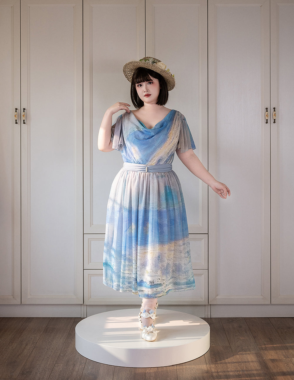 【予約販売】Elegance Greek 油彩画風プリントフレアスリーブジャンパースカート・新色