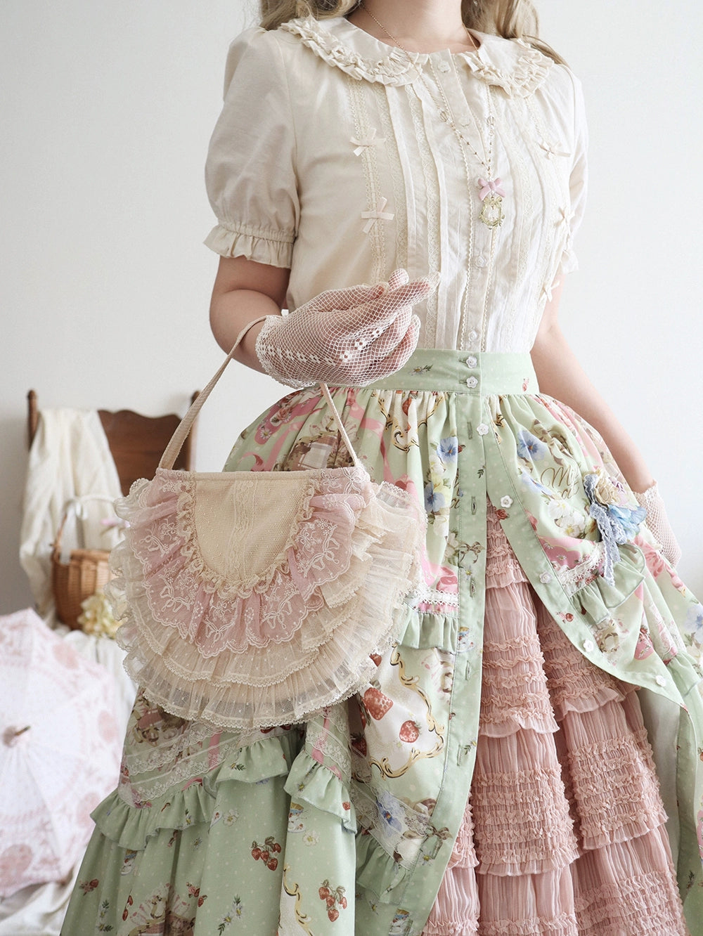 [Pre-order] Cat Rose Tea Party Long Skirt with Front Opening, Flat Type