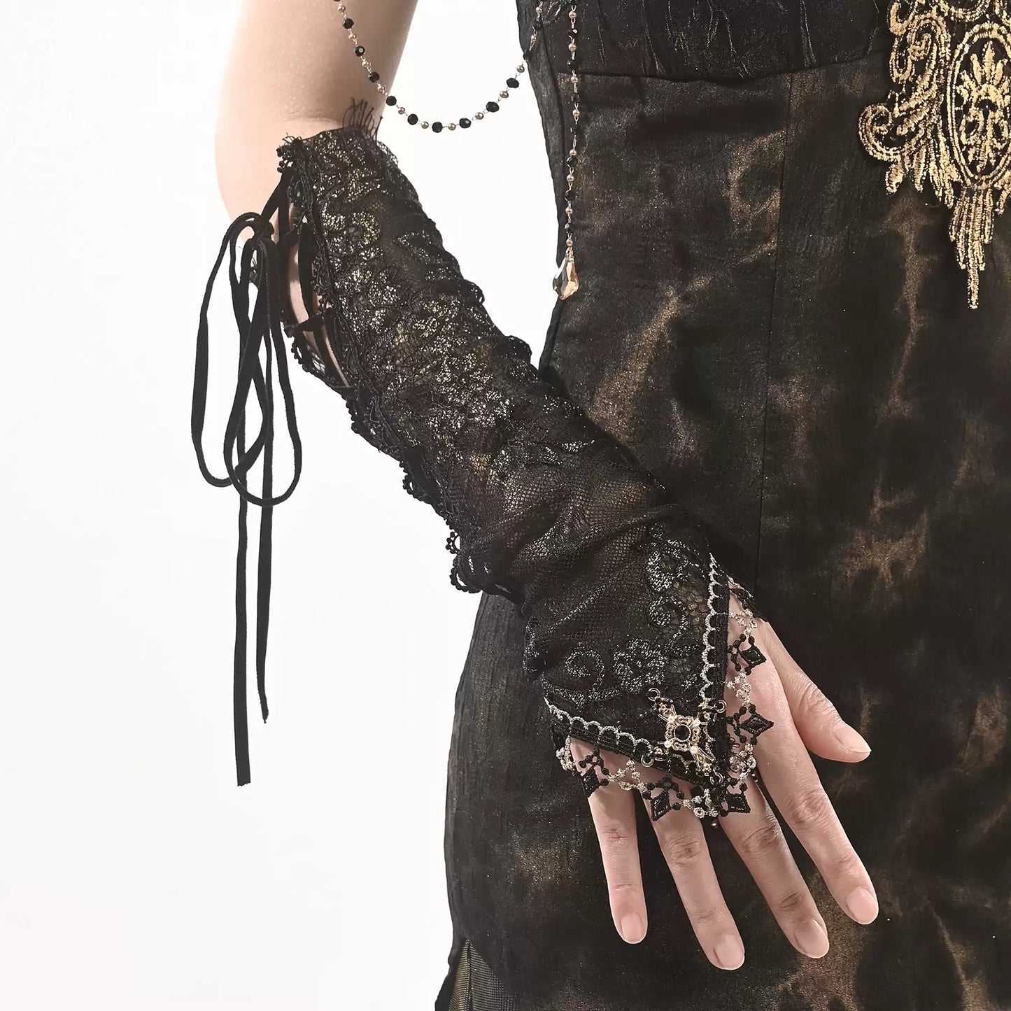 【DarkGothic】フィンガーレス×クロス ダブルレースアームカバー | ダークゴシック