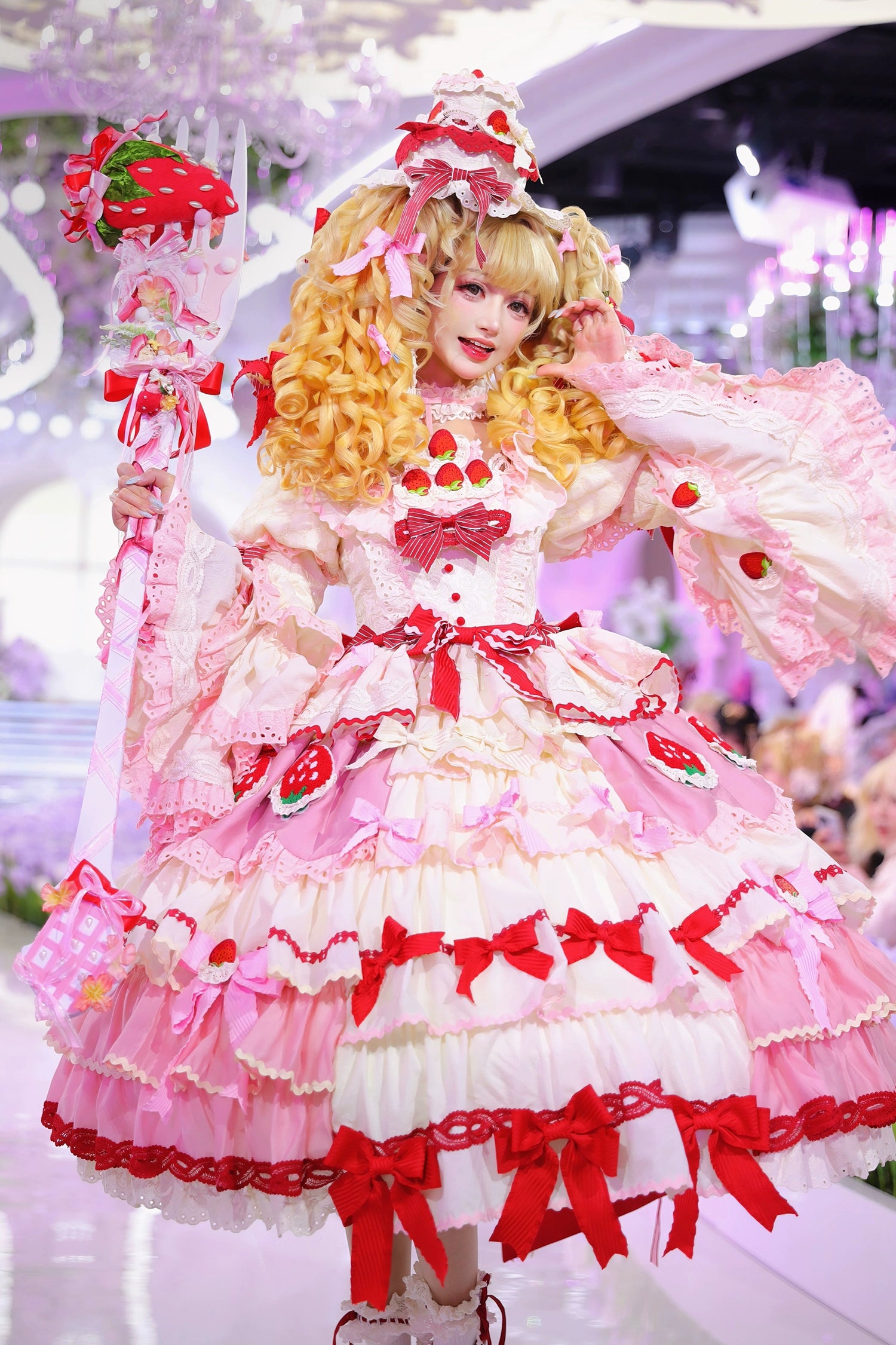 Strawberry Party リボンとフリルのデコレーションドレス・姫袖タイプ