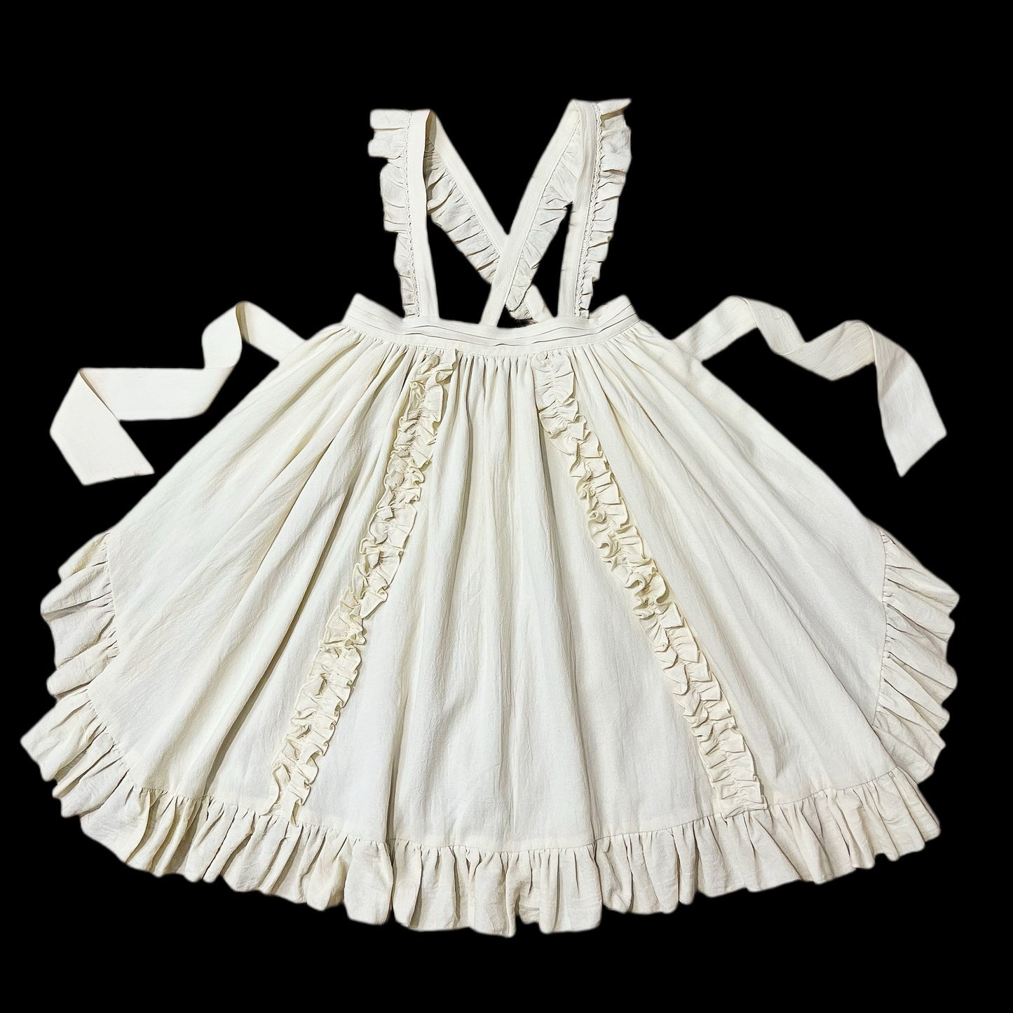 フリル襟の半袖メイドワンピース エプロン付き ロング丈