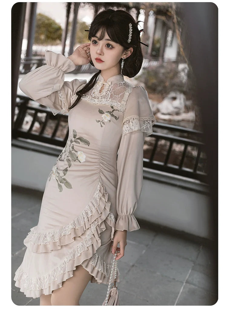 White camellia Chinese dress style one-piece